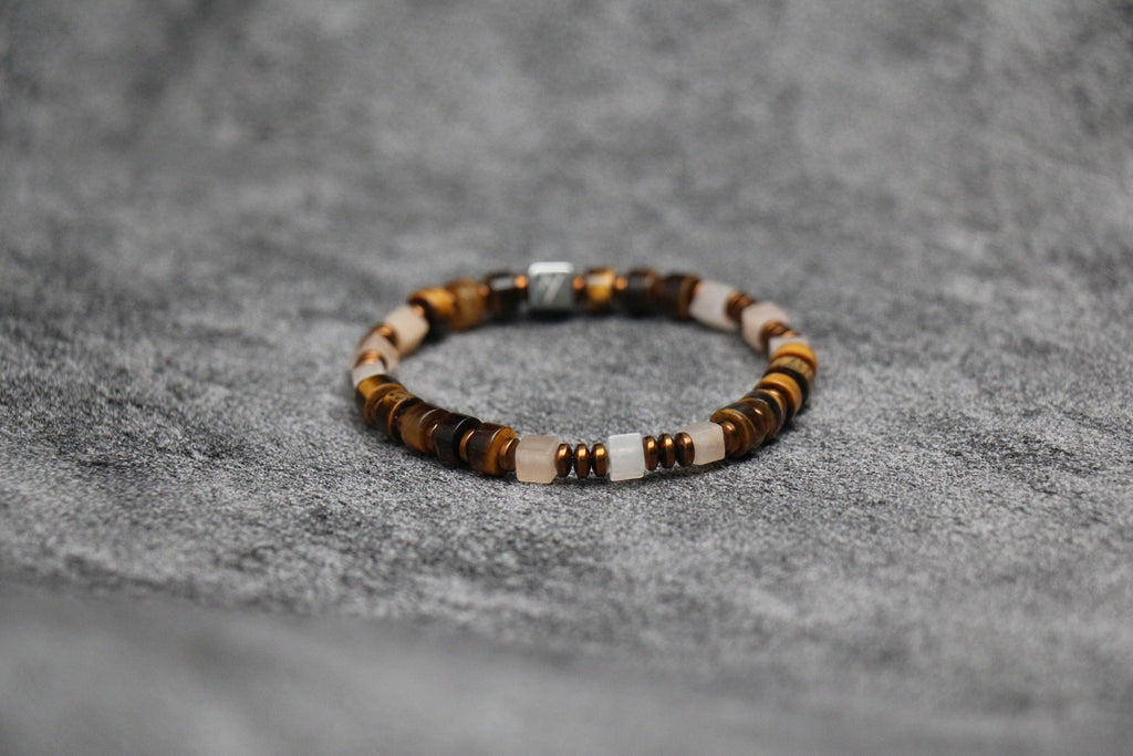 Handcrafted men's Tiger Eye bracelet combines yellow, blue & red stones